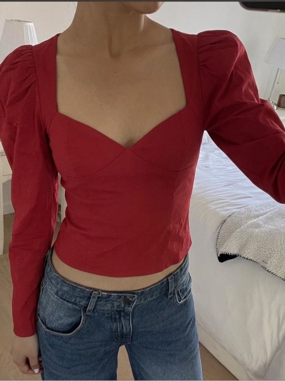 Zara Red Puff-Sleeve Sweetheart Blouse